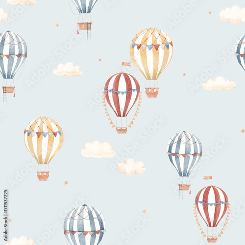 Cute watercolor seamless pattern with striped hot air balloons and soft clouds. Perfect for nursery wallpaper, kids room decor, textile design.