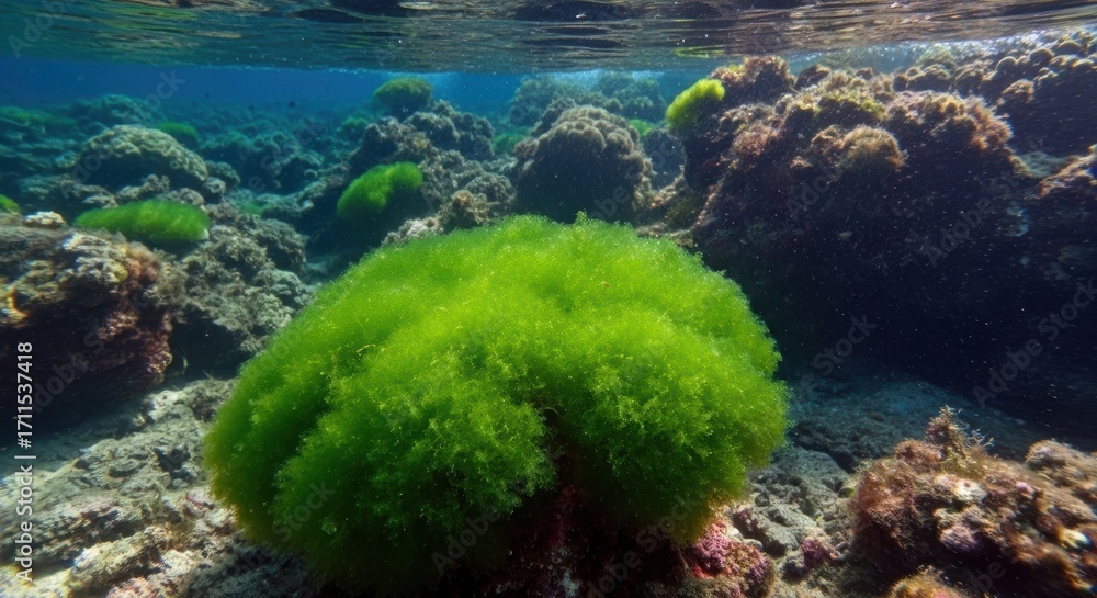 Obraz premium Underwater Wide Shot of Boodlea Vanbosseae Cushion Algae on a Coral Reef