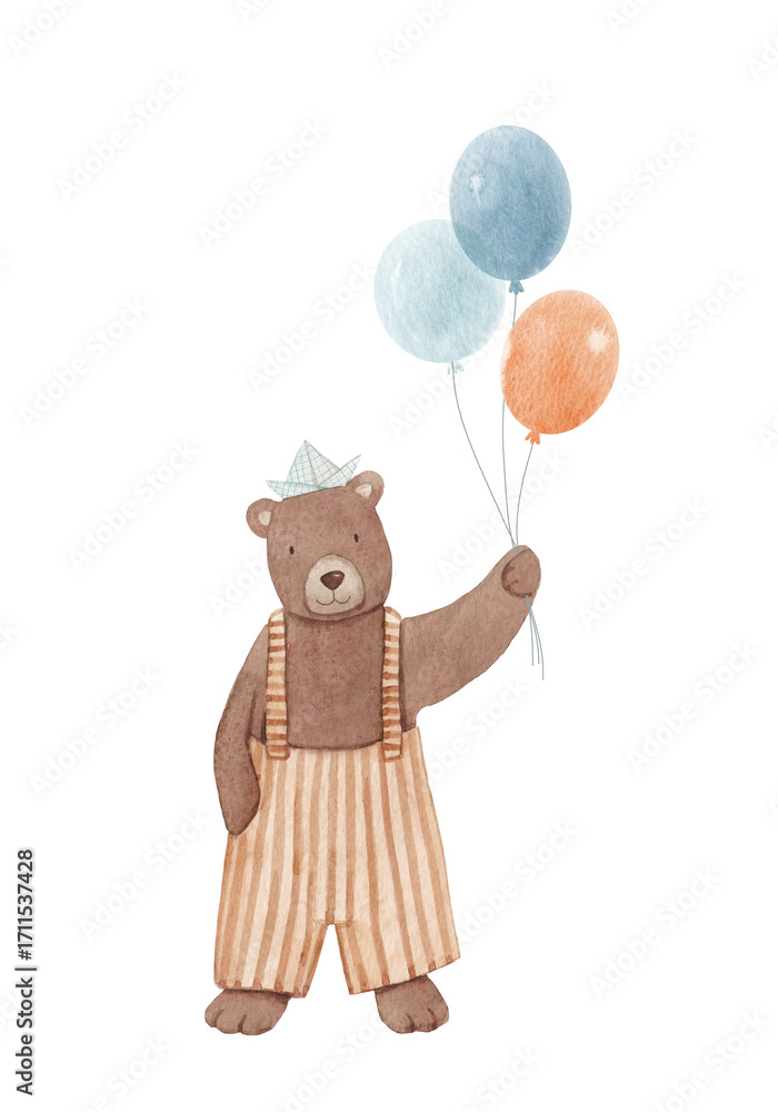 Fototapeta premium Watercolor bear with balloons illustration. Cute animal in party hat, perfect for nursery wall art, baby shower invitations, kids birthday cards and posters.