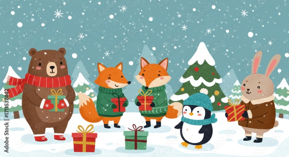 Fototapeta premium Festive woodland animals exchange gifts in a snowy winter scene. A group of adorable bears, foxes, a penguin, and a rabbit are depicted amidst snowy trees and snowfall, each holding a gift.