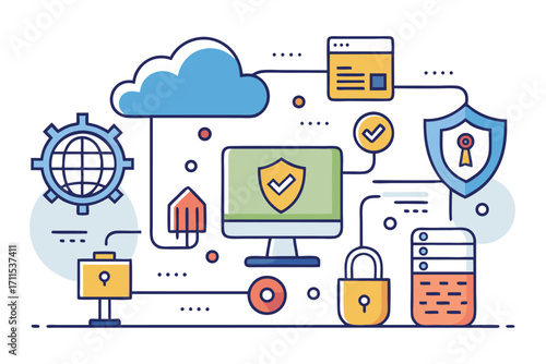 Concept of cybersecurity with cloud computing, data protection icons, and network symbols in a modern design style