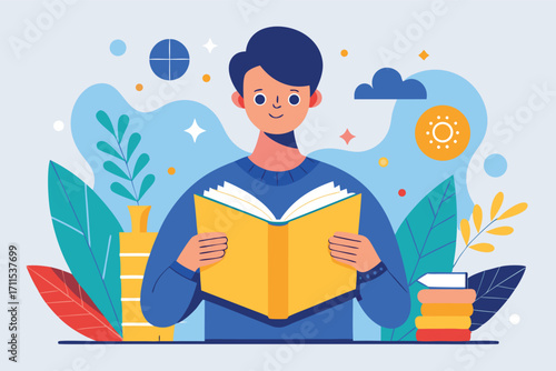 Young man reading a book surrounded by colorful plants and abstract shapes in a cheerful setting