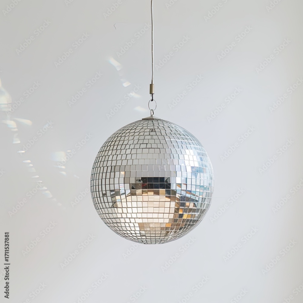 Fototapeta premium A hanging disco ball reflecting light in a minimalist setting. isolated on white background