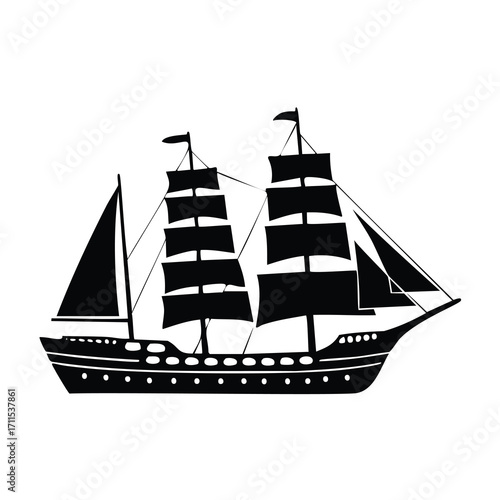 Black silhouette of a sailing ship with multiple sails