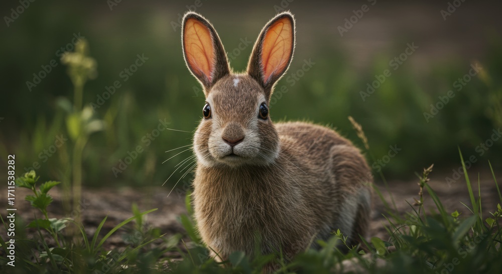 Fototapeta premium Alert Wild Rabbit in Grassy Meadow, Close-Up Portrait.