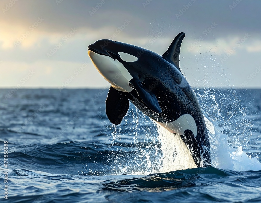 Fototapeta premium Dynamic Orca Jumping Above Ocean Waves