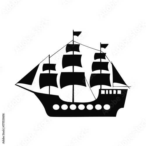 Black Silhouette of a Three- Masted Sailing Ship boat