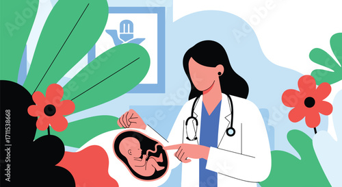 Adobe illustrator artwork vector illustration. A female doctor with a stethoscope points to a diagram of a fetus in a womb, surrounded by lush green leaves and red flowers