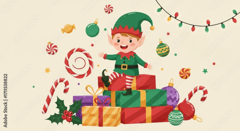 Naklejka premium A cheerful Christmas elf sits atop a stack of presents, surrounded by festive decorations and candies.