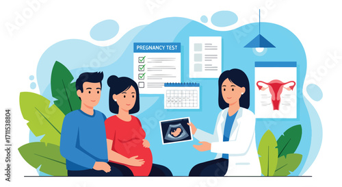 Adobe illustrator artwork vector illustration. A pregnant woman and her partner receive an ultrasound image from a friendly female doctor in a medical consultation room