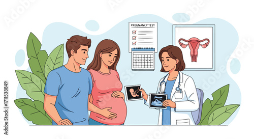 Adobe illustrator artwork vector illustration. A pregnant woman and her partner receive an ultrasound image from a friendly female doctor in a medical consultation room
