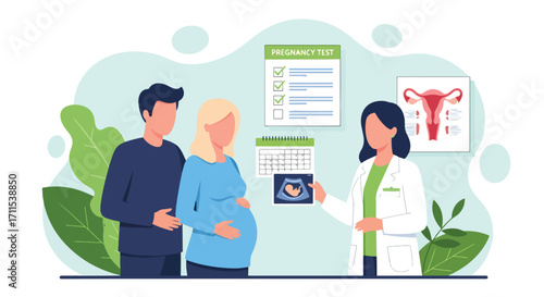 Adobe illustrator artwork vector illustration. A pregnant woman and her partner receive an ultrasound image from a friendly female doctor in a medical consultation room