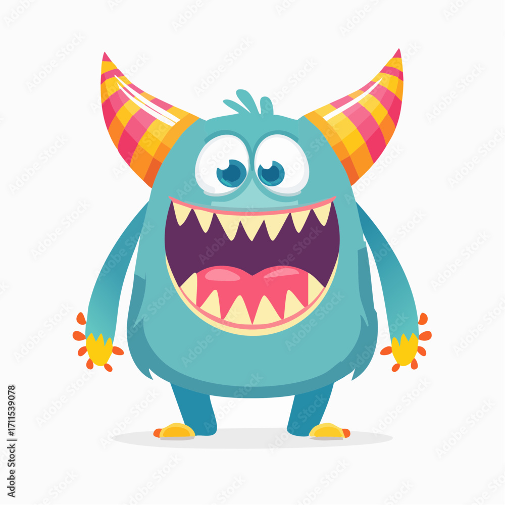 Naklejka premium Cartoon illustration of a cute, blue, furry monster with striped horns, a wide grin, and sharp teeth against a white background.