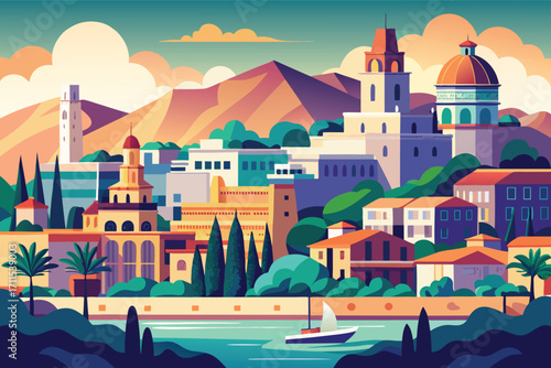 Colorful landscape showcasing a vibrant city near water surrounded by mountains at sunset