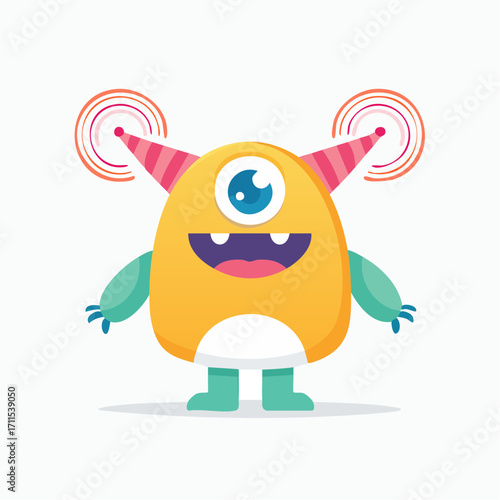 Adorable cartoon cyclops monster character with one eye and spinning propeller horns. A cute and friendly yellow alien mascot vector illustration isolated on a white background