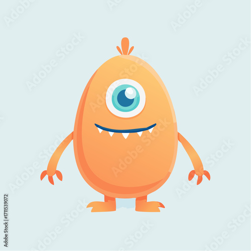A friendly, orange, egg-shaped cartoon monster with one eye and tiny arms.