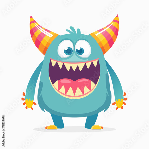 Cartoon illustration of a cute, blue, furry monster with striped horns, a wide grin, and sharp teeth against a white background.
