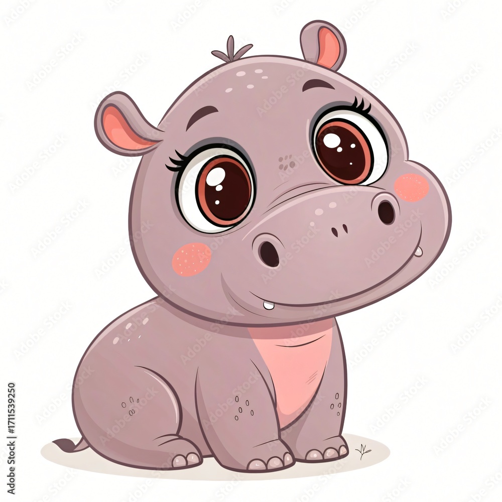 Obraz premium Adorable Cartoon Baby Hippopotamus Illustration Cute African Animal Character Design Big Eyes