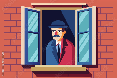 Man looking out of a colorful window in an urban setting during daytime