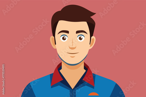 Portrait of a young man with a friendly smile wearing a blue shirt and a red collar against a simple background