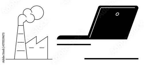 Factory with smoke emission beside an open laptop highlighting the intersection of industry, technology, and innovation. Ideal for sustainability, digital transformation, automation, eco-tech