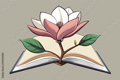 Beautiful magnolia flower blooming from an open book on a neutral background