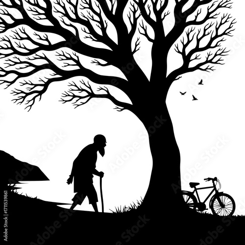 Old Man Silhouette Walking under a tree