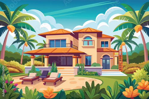 Modern tropical villa with lush gardens and outdoor lounge by the pool in a sunny location