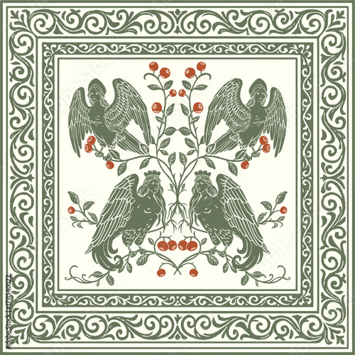 Slavic Mythology Alkonost Bird-Women in Ornamental Frame Vector Vintage Folk Art Square Design with Berries