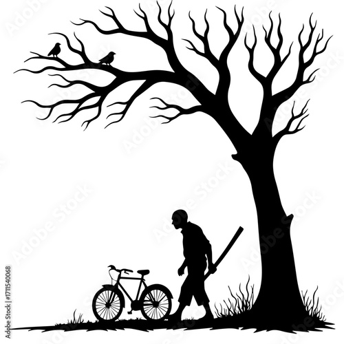 Old Man Silhouette Walking under a tree