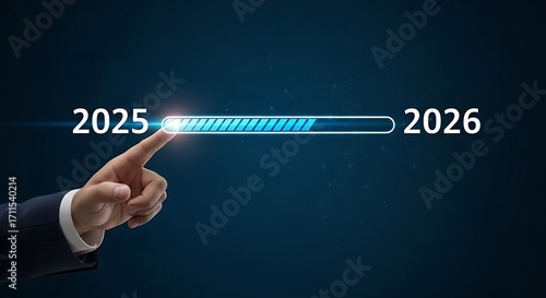 Illustration of finger pointing at progress bar from 2025 to 2026