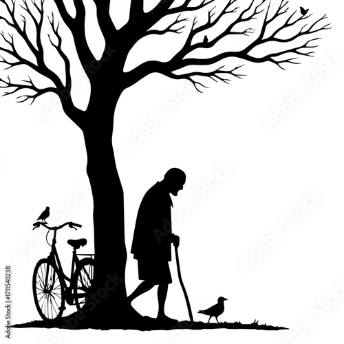 Old Man Silhouette Walking under a tree
