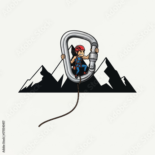Cartoon climber in a carabiner, with mountains in the background.