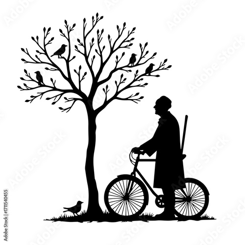Old Man Silhouette Walking under a tree