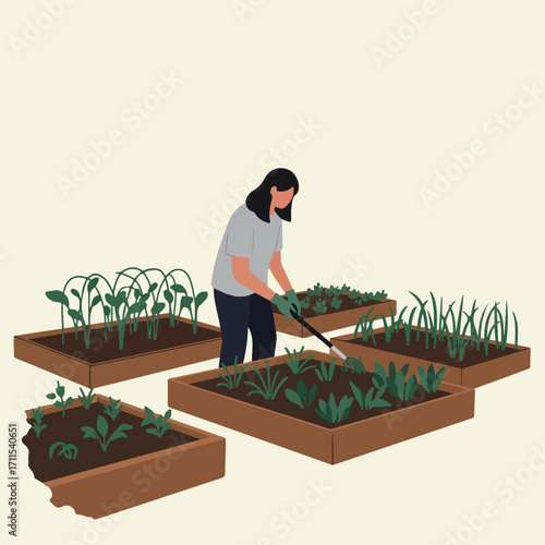 Woman tends garden, using hoe to weed beds full of vibrant greenery on a pale yellow background