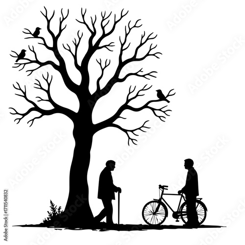 Old Man Silhouette Walking under a tree