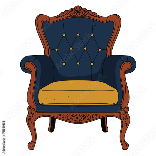 Ornate drawing of a blue armchair with a wooden frame and yellow cushion, facing forward