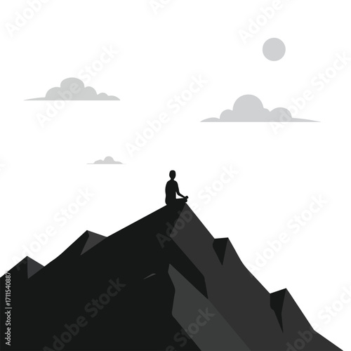Silhouette of person meditating on jagged mountain peak with clouds and sun overhead