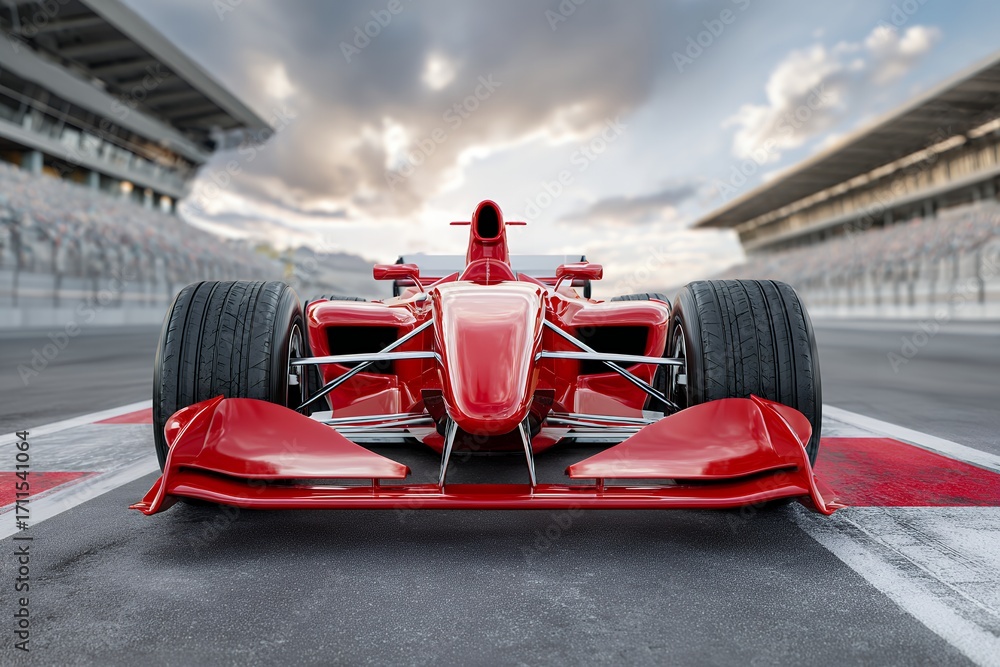 Naklejka premium Red formula one car on racetrack with dramatic sky and crowded stands