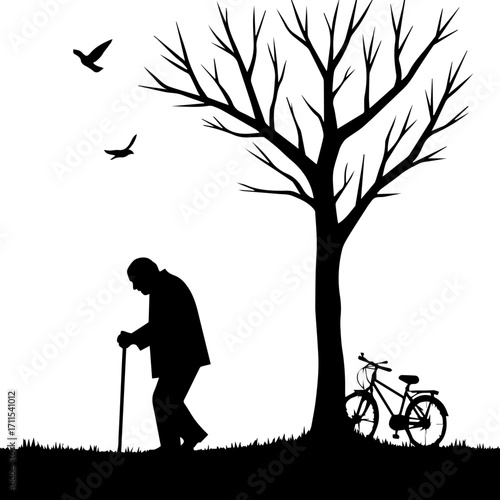 Old Man Silhouette Walking under a tree