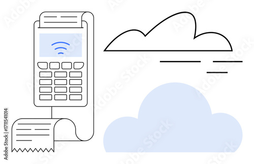 Payment terminal with rolled receipt and wireless signal in front of two clouds. Ideal for technology, payment processing, e-commerce, finance, cloud storage, security, and digital innovation. Simple