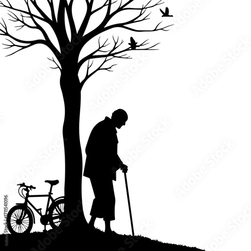 Old Man Silhouette Walking under a tree