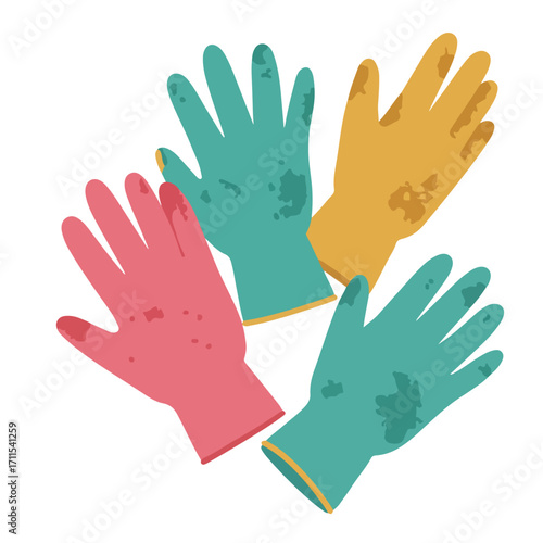 Colorful cartoon illustration featuring three pairs of used, cleaning gloves in different colors