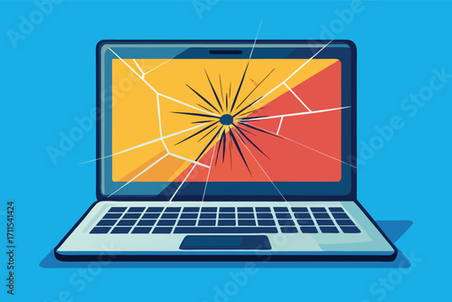 Laptop screen with visible cracks and damage on bright blue background
