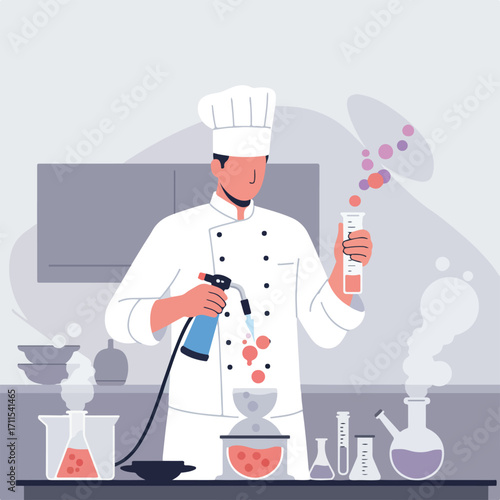 Cartoon chef performs experiment with chemicals in a sterile, lab-like kitchen scene