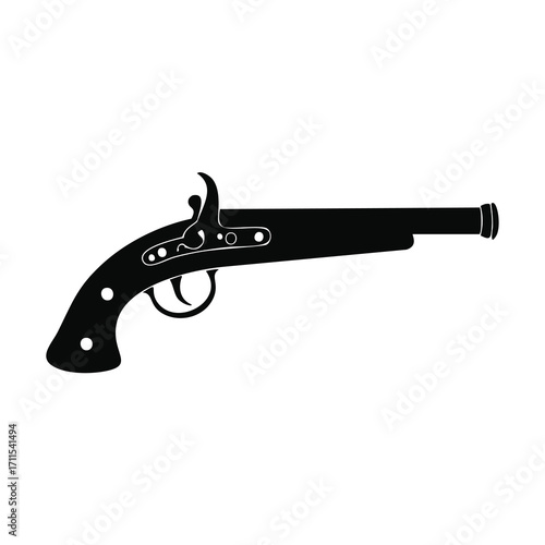 Silhouette of an ornate flintlock pistol on white firearm