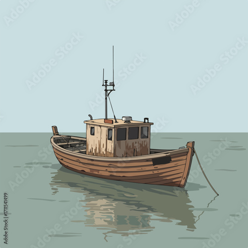Rustic fishing boat peacefully floating on calm water, with a small cabin and reflection