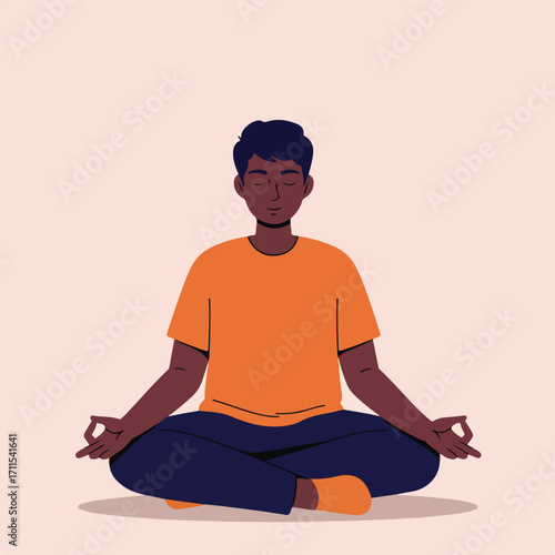 Illustrated man with eyes closed in lotus position wearing orange t-shirt and blue pants