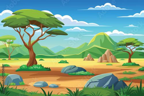 Vibrant landscape with trees and mountains in a serene afternoon sky