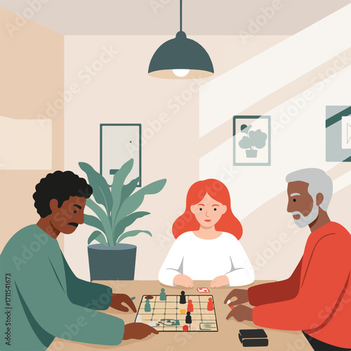 Three people play a board game in a cozy room with soft lighting, plants, and framed art